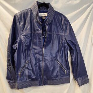 Bradley Bayou Genuine Leather Bomber Jacket Womens XL Royal Blue Zip Vintage